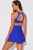 Blue Strappy Halterneck Skirt Style One Piece Swimsuit