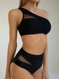 New split solid color mesh bikini multi-color pleated fashionable swimsuit