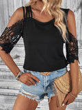 Women's lace patchwork knitted top with off-shoulder sleeves