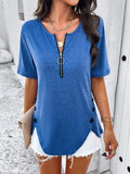 Casual solid color zipper button short-sleeved top