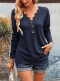 Women's casual lace V-neck buttoned knit top