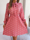 Women's elegant polka-dot lace-up waist long-sleeved pleated skirt