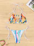New Bikini Drawstring Beaded Lace Printed Split Triangle Swimsuit