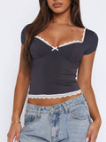 New spring and summer lace hem bow hottie short-sleeved T-shirt