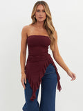 New mesh one-line collar strapless backless pleated ruffle top T-shirt