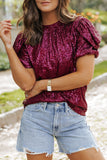 Burgundy Glittering Sequin Short Bubble Sleeve Blouse