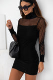 Black Dotted Mesh Striped Frilled Neck Bubble Sleeve Dress