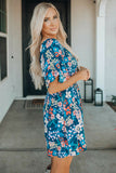 Blue Square Neck Ruffle Floral Dress