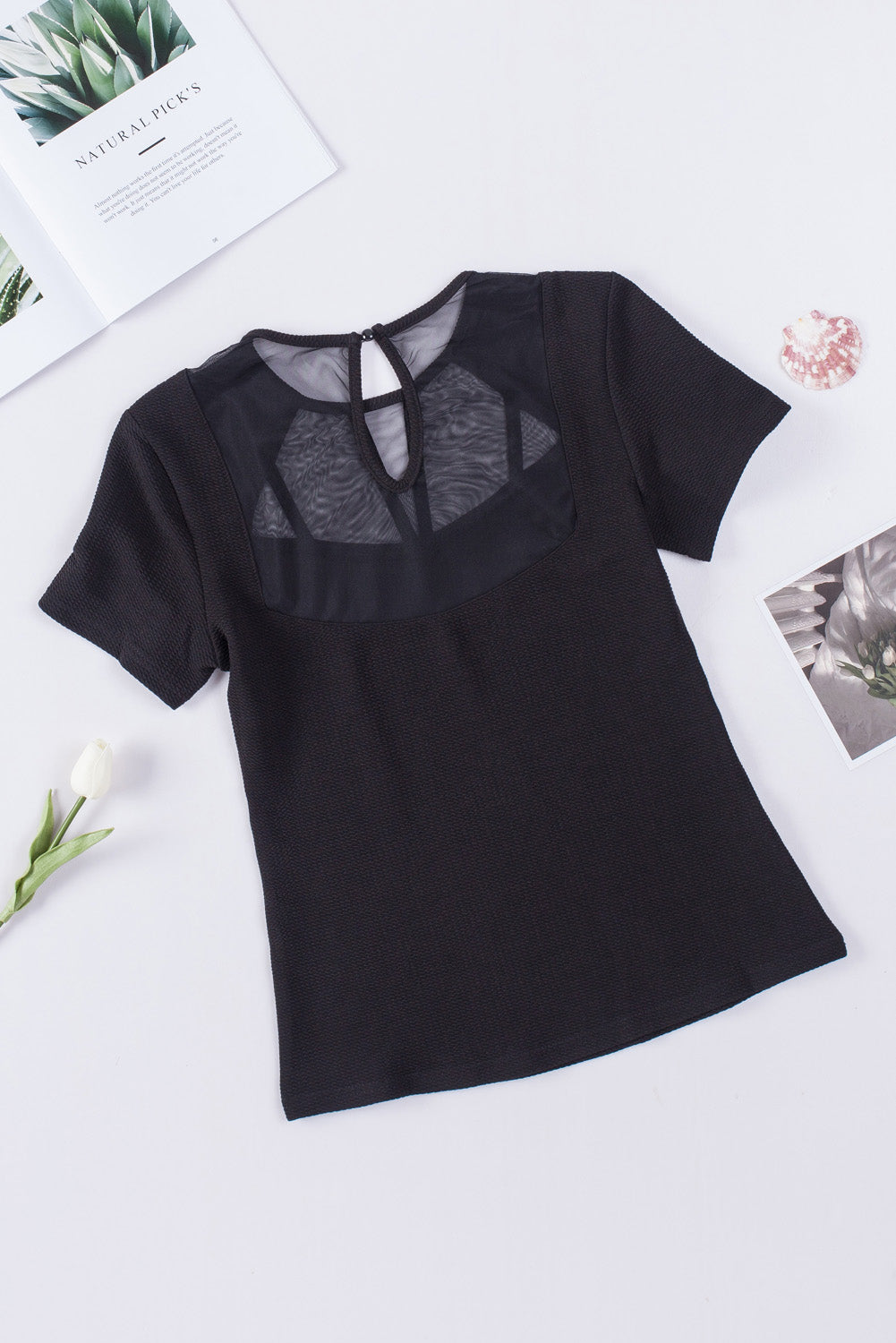 Black Contrast Mesh Knit Short Sleeve T-shirt
