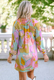 Multicolor Abstract Print Frill Split Neck Babydoll Mini Dress