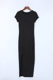 Black Cap Sleeves Ribbed Knit Long Dress with Split