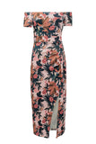 Pink Pattern Print Off Shoulder Slit Bodycon Midi Dress