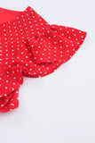 Fiery Red Polka Dot V Neck Ruffle Sleeve Dress