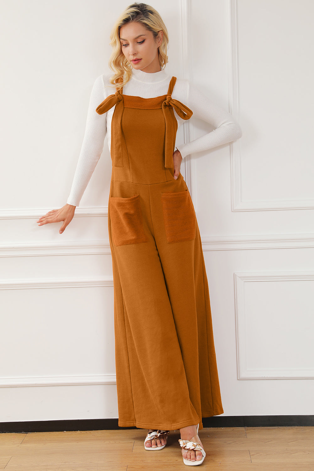 Brown Knotted Straps Patch Pocket Wide Leg Jumpsuit