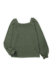 Green Scoop Neck Puff Sleeve Waffle Knit Top