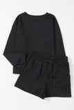 Black Textured Long Sleeve Top and Drawstring Shorts Set