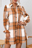 Khaki Plaid Pattern Collared Neck Ruffled Sleeve Shirt Dress