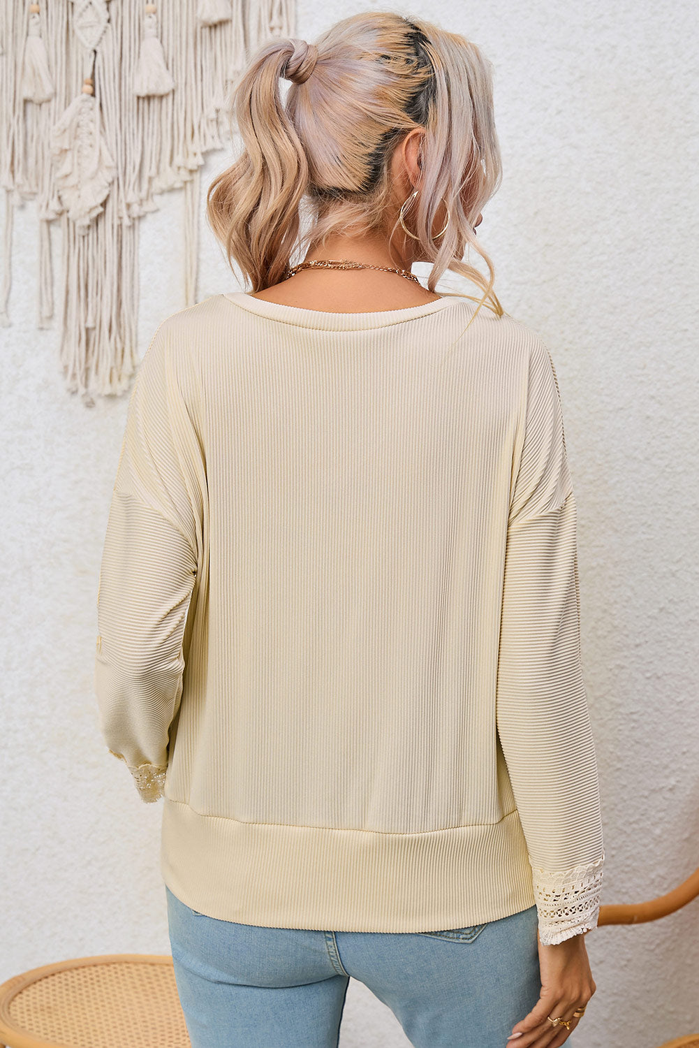 Apricot Ribbed Texture Lace Trim V Neck Long Sleeve Top