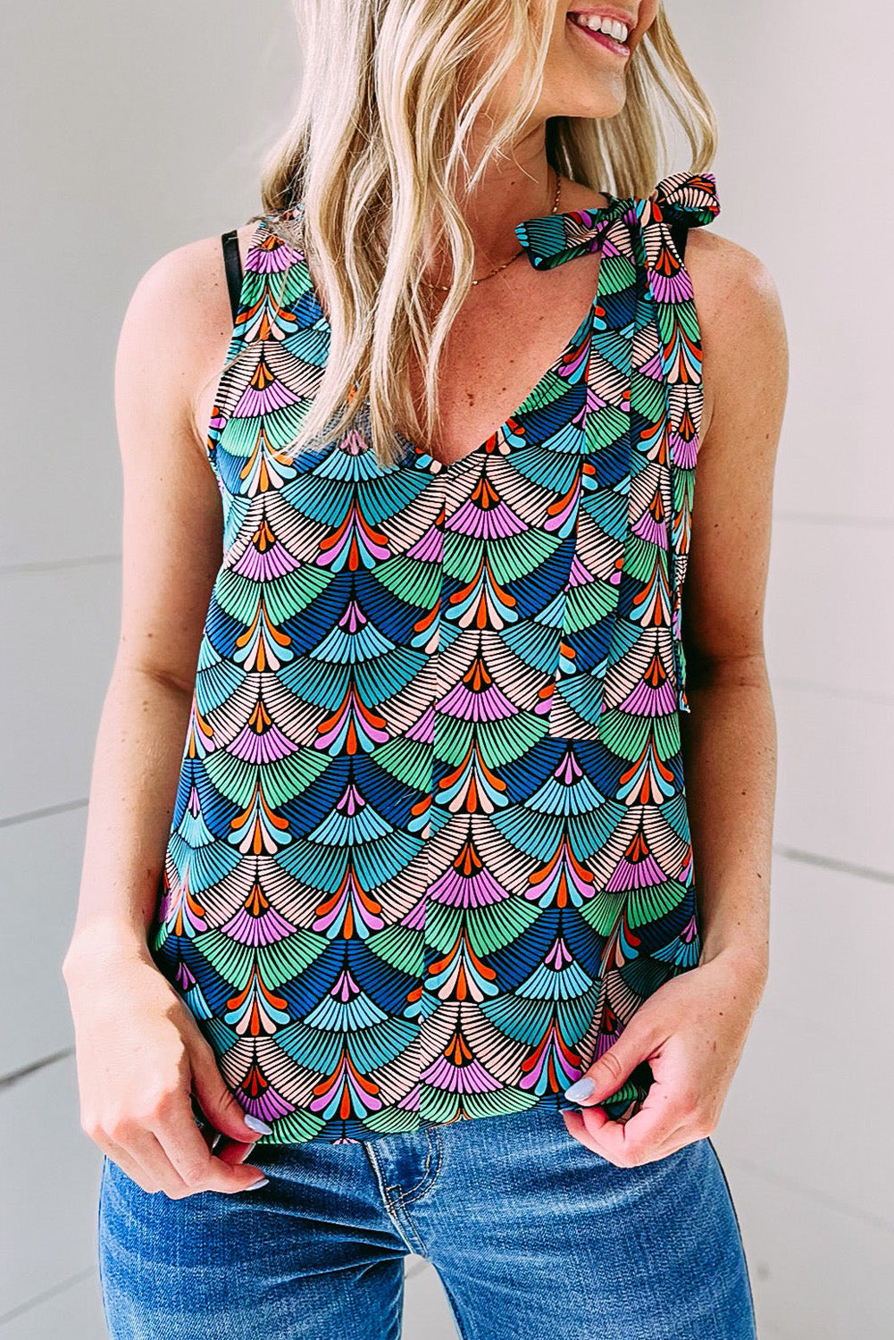 Blue Printed Knotted Shoulder Tank Top