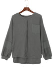 Gray Exposed Seam Patchwork Bubble Sleeve Waffle Knit Top