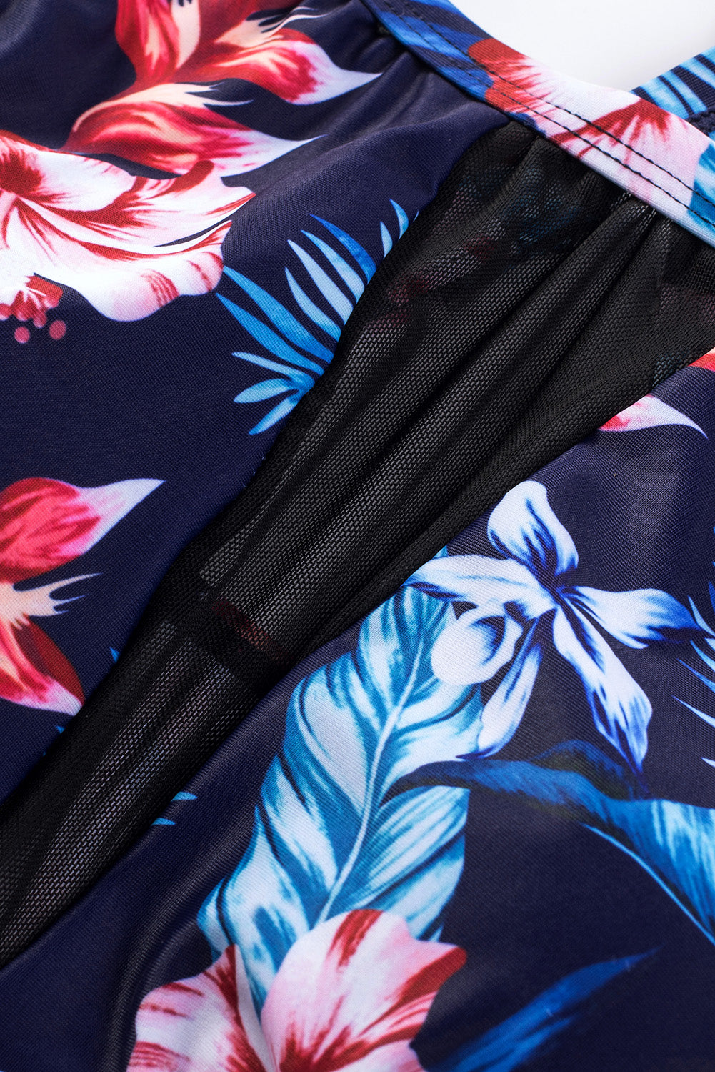 Black Floral Print Mesh Patchwork Criss Cross One-piece Swimsuit