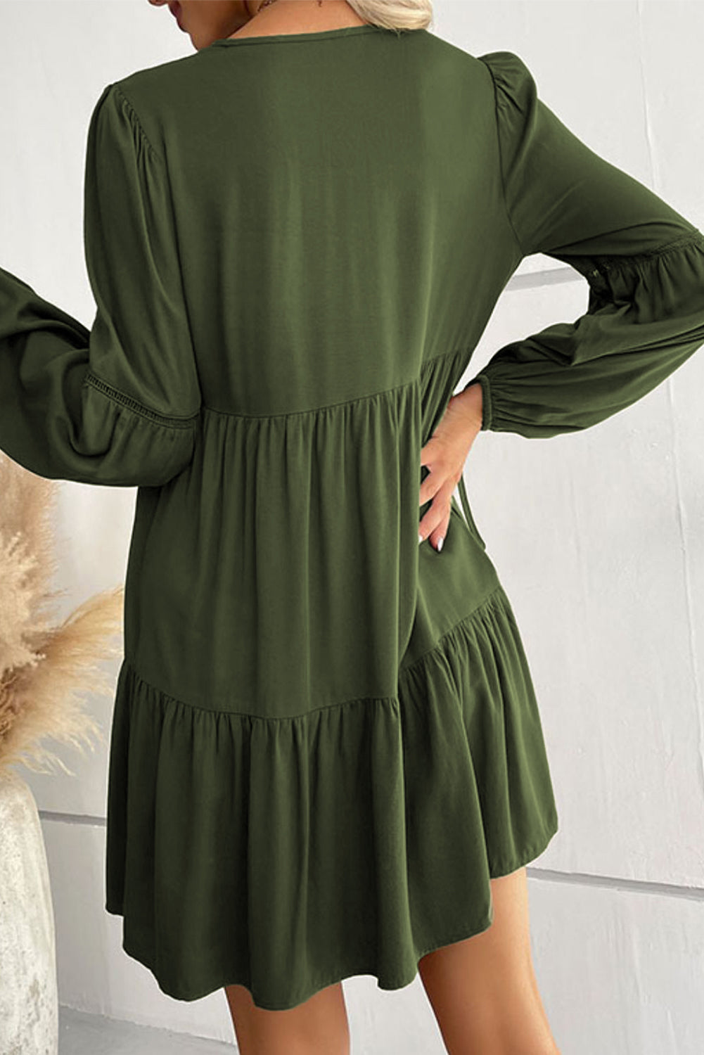 Green Lace Puff Sleeve Buttoned Tiered Ruffled Mini Dress