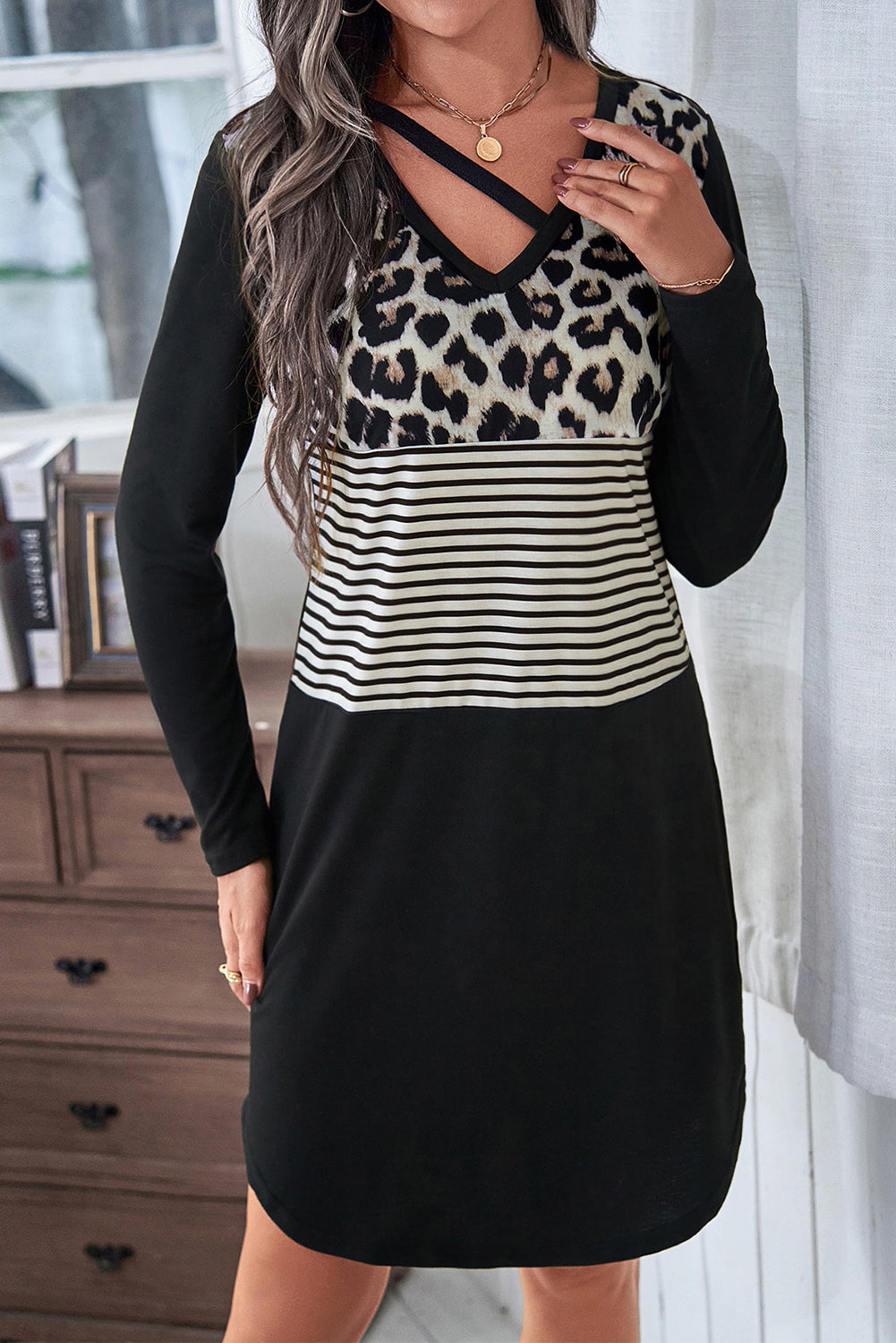 Black Leopard Striped Patchwork Long Sleeve T-Shirt Dress
