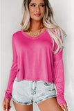 Rose Fiery Red Loose V Neck Dropped Long Sleeve Top