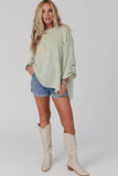 Green Ribbed Roll-tab Sleeve Chest Pocket Oversize Top