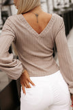 Khaki Knitted Jacquard V Neck Lantern Sleeve Top