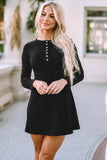 Black Solid Long Sleeve Henley Dress