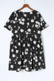 Black Khaki V Neck Floral Babydoll Dress with Pockets