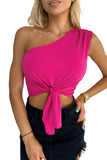 Rose One Shoulder Knotted Sleeveless Top with Asymmetrical Hem