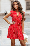 Fiery Red Polka Dot V Neck Ruffle Sleeve Dress