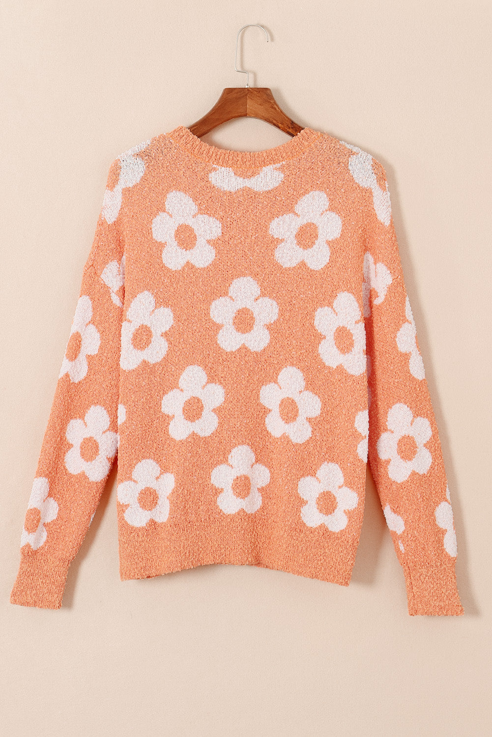 Grapefruit Orange Fuzzy Floral Knitted Drop Shoulder Sweater