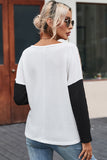 Black Long Sleeve Colorblock Chest Pocket Textured Knit Top