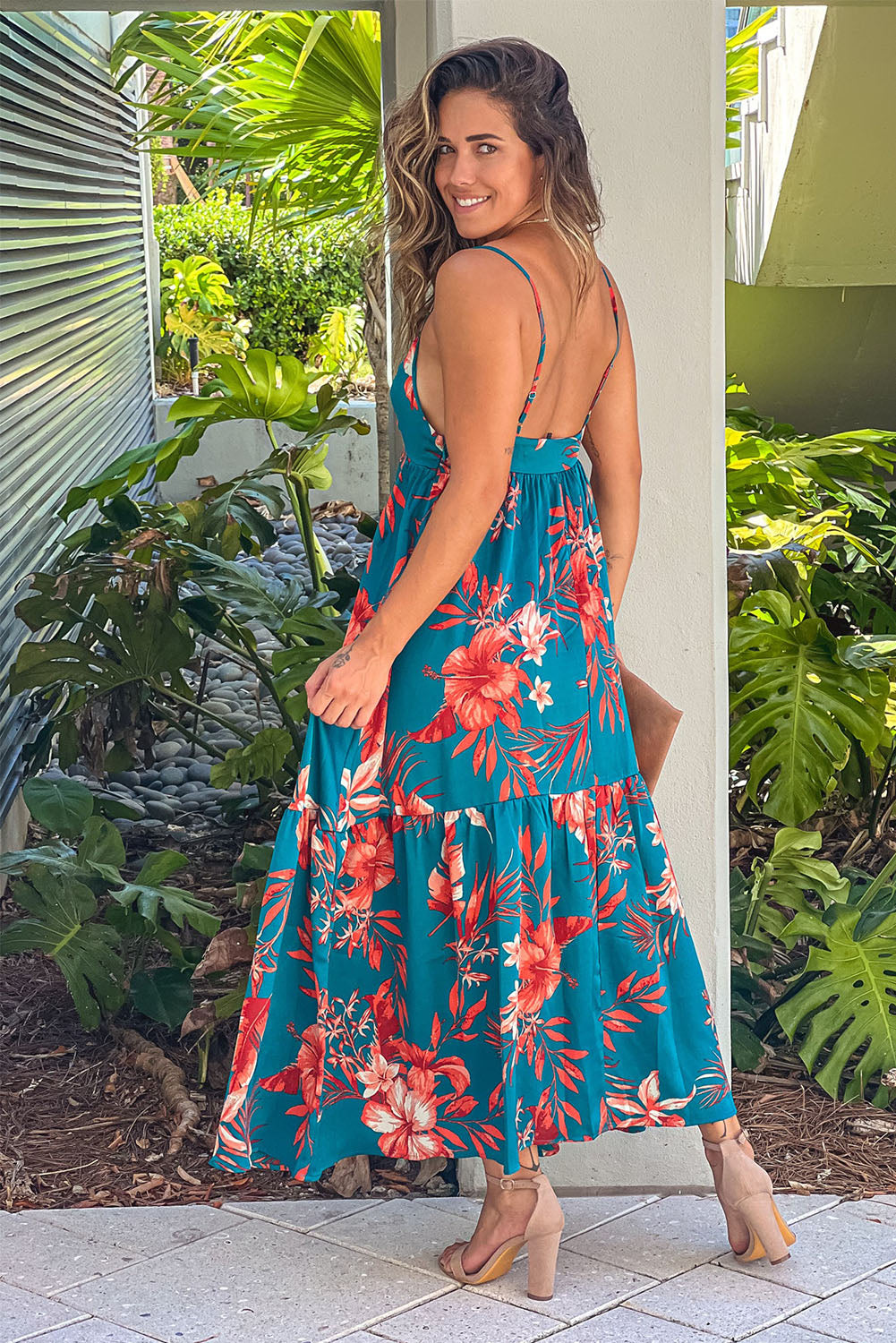 Sky Blue Strappy Open Back Floral Maxi Dress