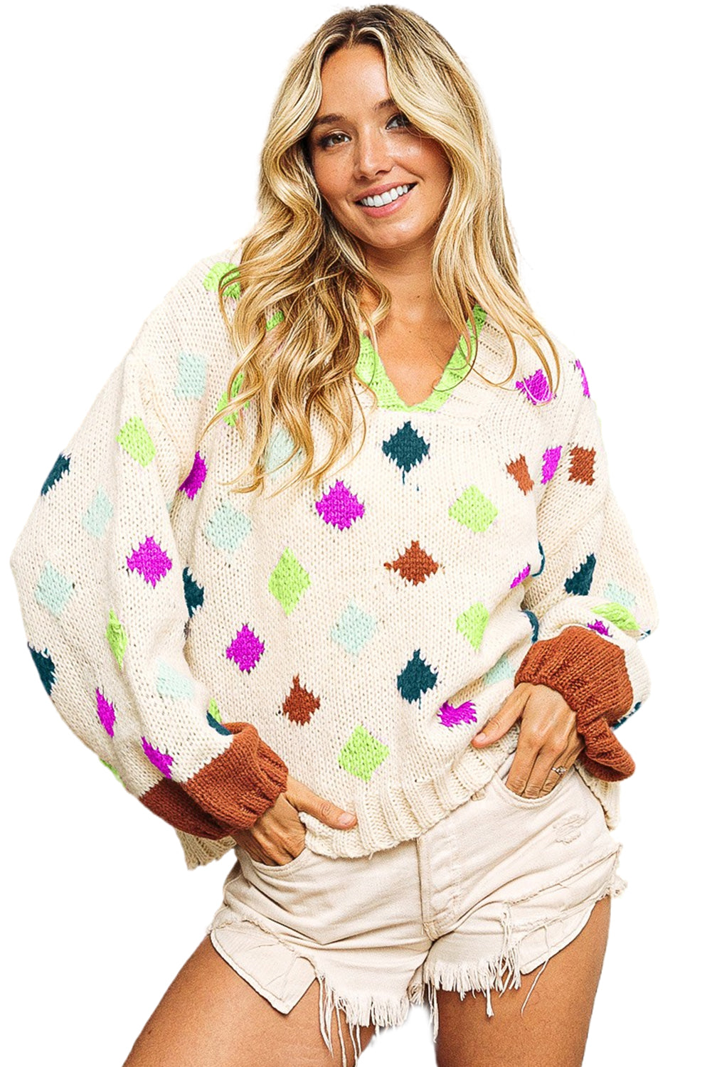 White Rhombus Pattern Colorblock V Neck Hooded Sweater