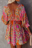 Multicolour V Neck 3/4 Sleeve Bohemian Vintage Print Mini Dress