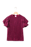 Burgundy Glittering Sequin Short Bubble Sleeve Blouse