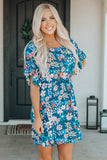 Blue Square Neck Ruffle Floral Dress