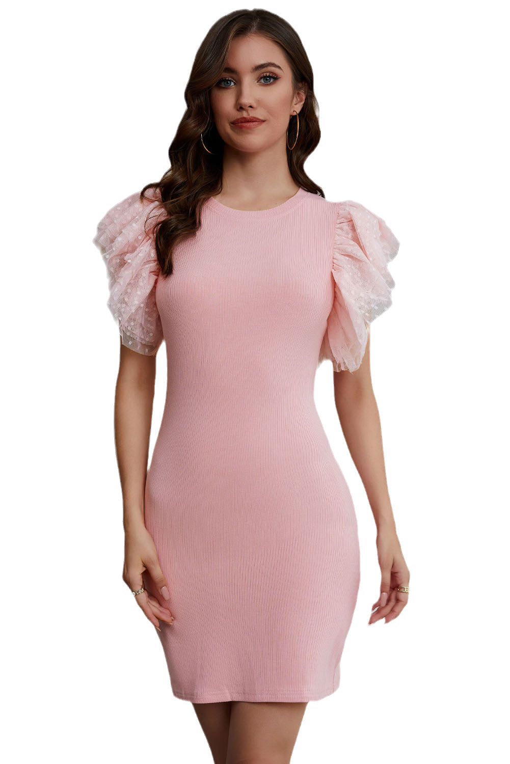 Pink Ruffle Tulle Sleeve Ribbed Knit Bodycon Dress
