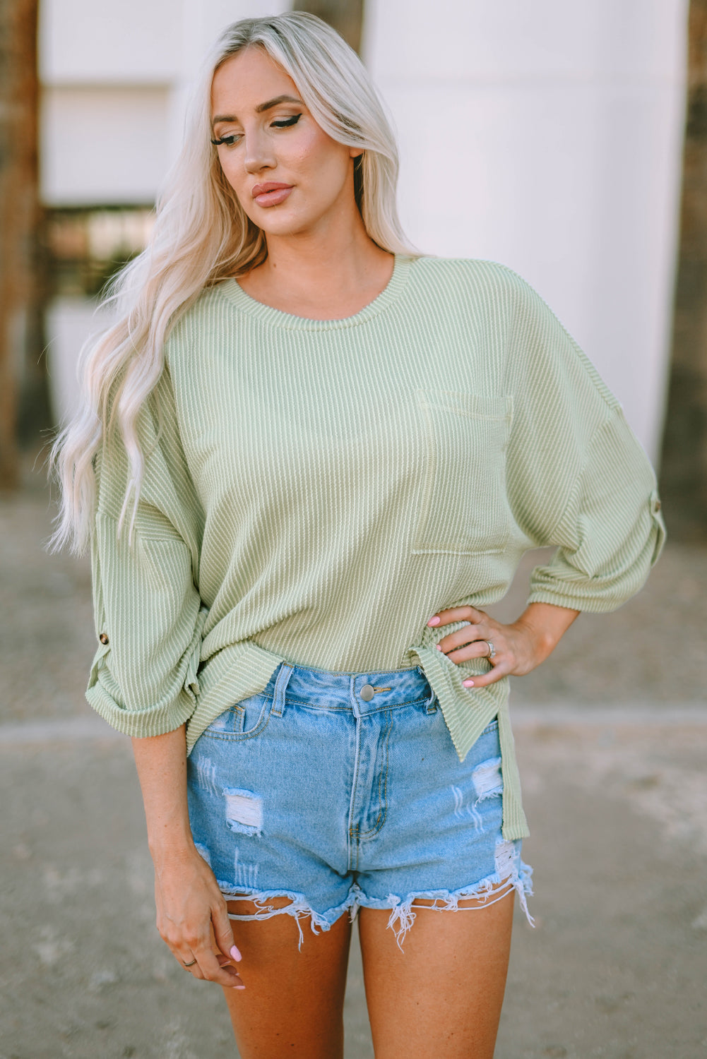 Green Ribbed Roll-tab Sleeve Chest Pocket Oversize Top