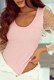 Pink Dotted Mesh Puff Sleeve Ribbed Bodysuit