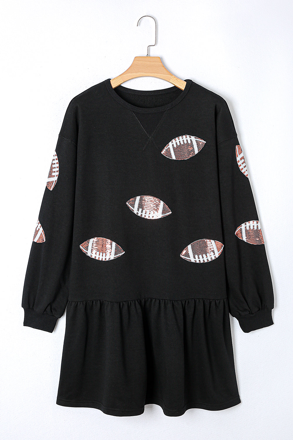 Black Game Day Sequin Rugby Pattern Ruffled Short Dress