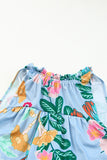 Sky Blue Floral Print Ruffled Lace-up Mock Neck Mini Dress