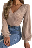 Khaki Knitted Jacquard V Neck Lantern Sleeve Top