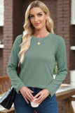 Green Ribbed Round Neck Knit Long Sleeve Top