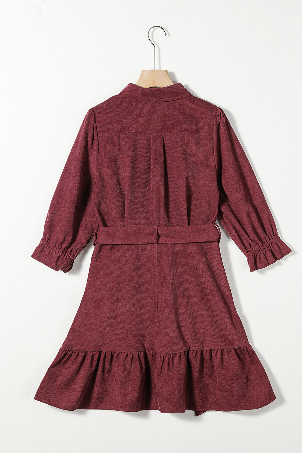 Red Dahlia Collared Buttons Front Ruffled Hem Shirt Corduroy Dress