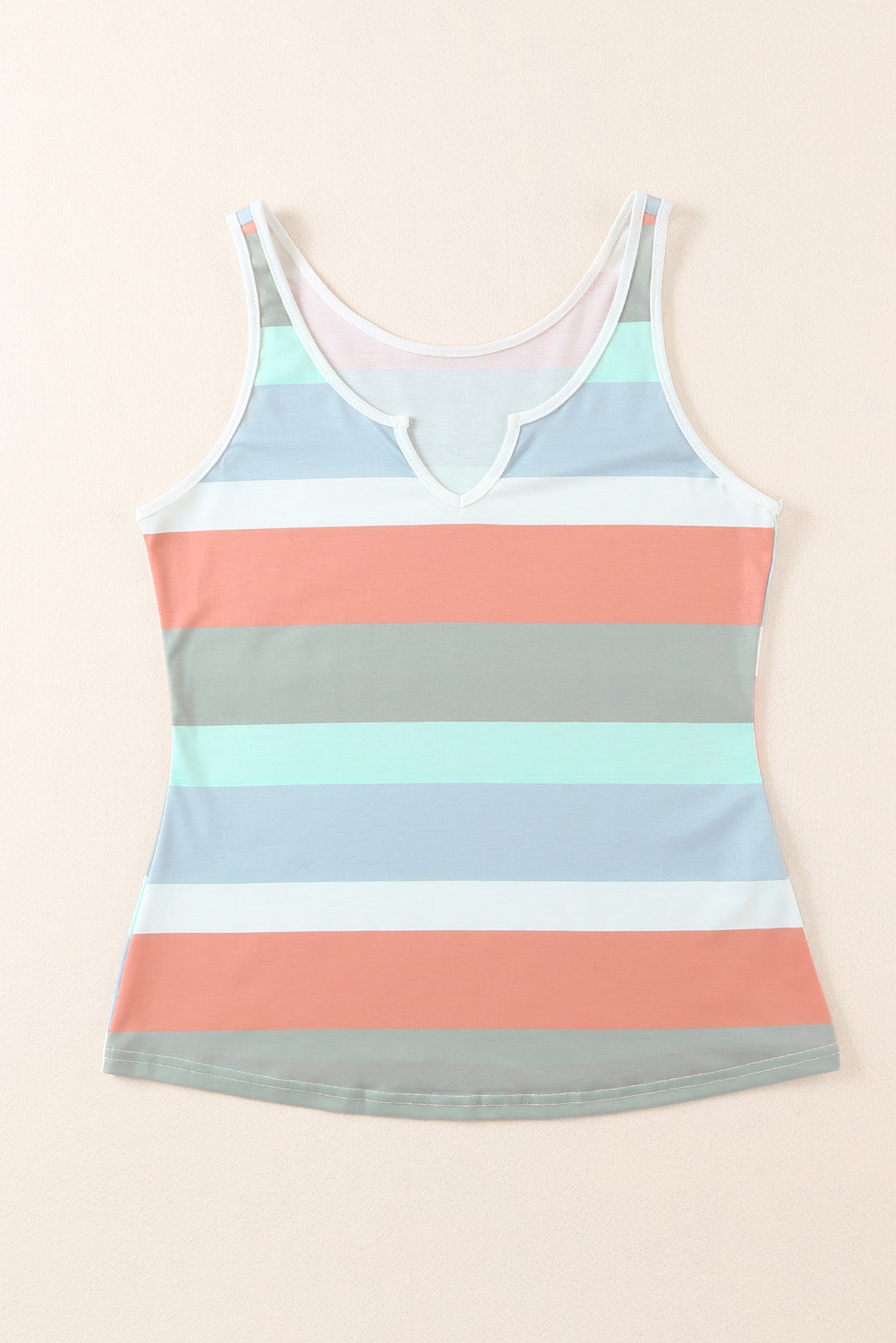 Green Striped Color Block Notched Neck Tank Top